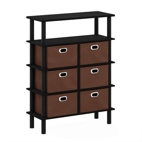 Furinno Frans Turn-N-Tube Console Table with Bin Drawers Black Oak/Black/Brown
