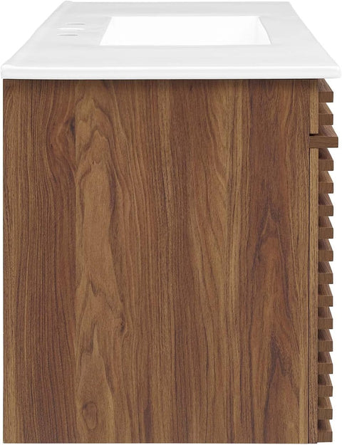 Modway Render 48" Wall-Mount Bathroom Vanity Cabinet with Ceramic Sink Basin in Walnut White