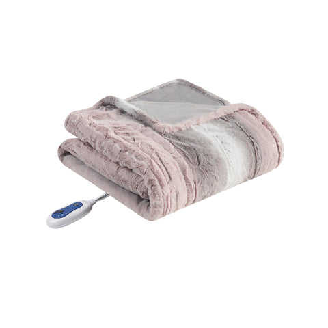 Beautyrest Zuri Reversible Faux Fur to Mink Electric Blanket, Auto Shut Off, Virtually Zero EMF, Multi Heat Setting, UL Certified, Machine Washable, Blush/Grey Throw 50x70
