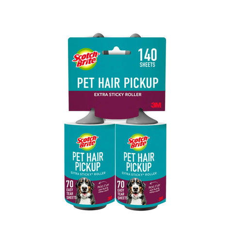 Scotch-Brite Pet Hair Pickup Extra Sticky Lint Roller, Designed for Removing Fur + Fluff on Couches, Clothes, Dog and Cat Beds, & More, 2 Pack, 140 Easy - Tear Adhesive Sheets Total
