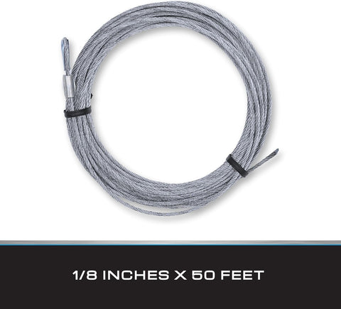 Tie Down 1/8" x 50 ft Galvanized Steel Aircraft Cable – 7x7 Wire Rope with Swagged Loop & Thimble | 1,700 lb Break Strength | Ideal for Hanging, Hoisting, Light Rigging & DIY Projects