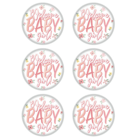 Beistle 6 Piece Welcome Girl Pinback Buttons for Baby Shower Party Decorations and Favors, 2", White/Pink/Green/Yellow