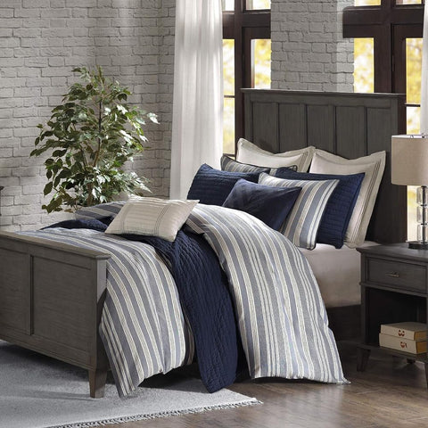 Oakestry 10 pc Comforter Set All Season Bedding Combo Filled Insert and Removable Duvet Cover, Decorative Soft Pillows, Shams, Stripe Blue King (110 in x 96 in), Farmhouse, Stripes Blue