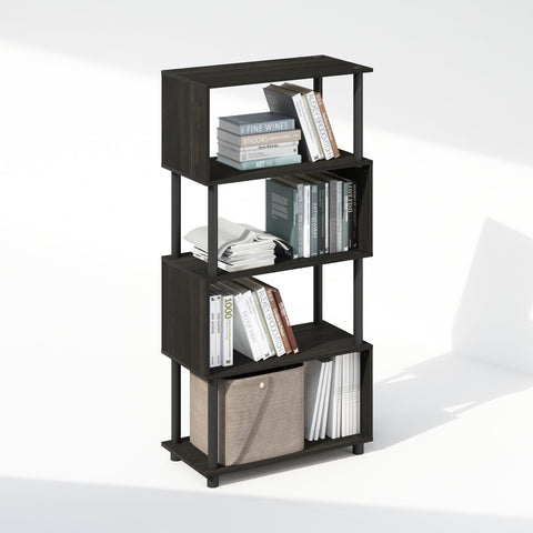Furinno Reed Book Shelf, 5-Tier Bookshelf with Open Shelf, Geometric Bookcase with S-Shaped Frame, 11.8 x 23.6 x 48, for Living Room, Bedroom, Home Office, Black Espresso