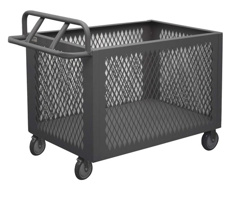 4 Sided Mesh Box Truck With 5 Inch x 1-1/4 Inch Polyurethane Casters (2) Rigid And (2) Swivel With Side Brakes 1 Shelf And Ergonomic Tubular Push Handle Gray