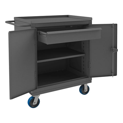 Heavy Duty Mobile Bench Cabinet With 6 Inch X 2 Inch Polyurethane Casters (2) Rigid And (2) Swivel 1 Shelf 1 Drawer 2 Doors And Tubular Push Handle Gray