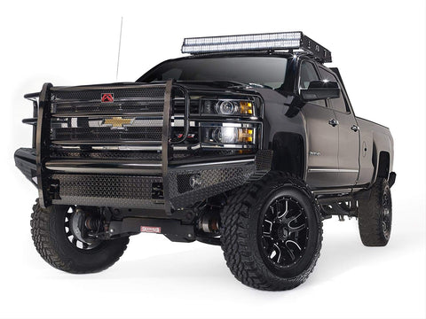 Fab Fours CH08-S2060-1 Black Steel Front Ranch Bumper 2 Stage Black Powder Coated w/Full Grill Guard Incl. Light Cut-Outs Black Steel Front Ranch Bumper
