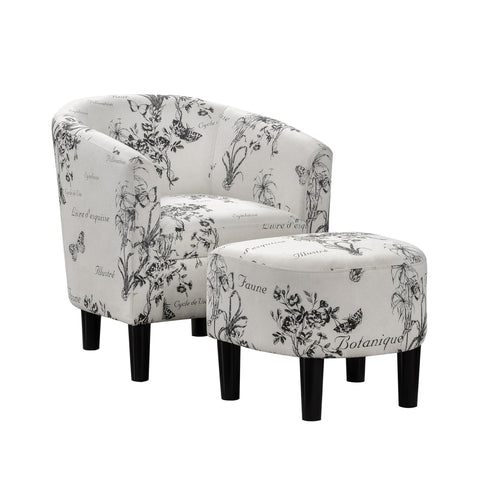 Convenience Concepts Take a Seat Churchill Accent Chair with Ottoman Set 26.25" - Modern Classic Mid-Back Barrel Accent Chair with U-Shaped Ottoman, for Living Room, Bedroom, Office, Botanical Print