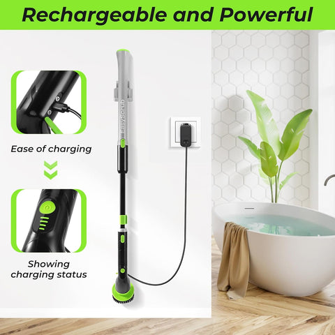 EasyScrub Cordless Electric Spin Scrubber - Powerful 350 RPM Cleaning with 4 Replaceable Heads, Adjustable Extension Handle, IPX7 Waterproof, Ideal for Shower, Tiles, Tubs, and Grout