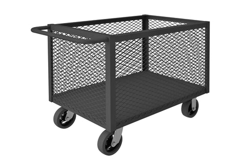 4 Sided Mesh Box Truck With 6 Inch x 2 Inch Mold-On-Rubber Casters (2) Rigid And (2) Swivel 1 Shelf And Tubular Push Handle Gray