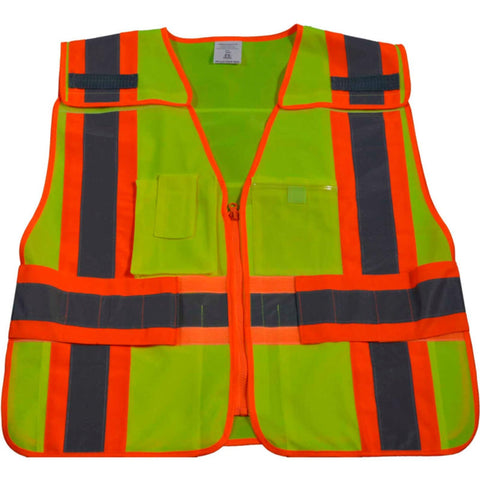 Petra Roc LV2-PSVP-SUPER Public Safety Vest ANSI-107 Class 2, Two Tone Lime Solid/Orange Contrast, 5-pt Breakaway with Non-Velcro Breakaway Zipper & Adjustable Side Belts, 6 Pockets & Clear PVC Title Pocket On Back, Super (6X-8X), Lime Solid