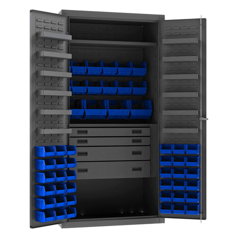 Heavy Duty Cabinet 14 Gauge 36 x 24 x 72 1 Fixed Shelf 1 Adjustable Shelf 52 Blue Bins Flush Doors with Louvered Panel 4 Drawers 12 Door Shelves Lockable Chrome Handle with Keys Gray