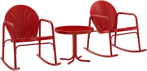 Griffith 3Pc Retro Outdoor Rocking Chair Set Bright Red Gloss - Side Table & 2 Rocking Chairs