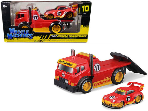 JDM Flatbed Truck #17 Red RAUH-Welt BEGRIFF and Porsche RWB 911 993#17 Red Muscle Transports Series 1/64 Diecast Model Cars by Muscle Machines