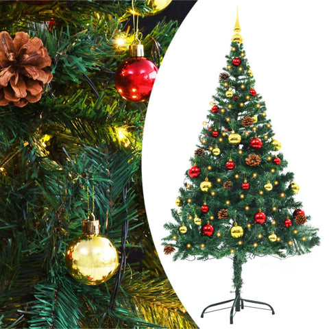 vidaXL Artificial Pre-lit Christmas Tree with Baubles & LED Lights, 5ft Lifelike Green PVC, Energy-Saving Holiday Decor, Versatile Xmas Decoration for Indoor & Outdoor
