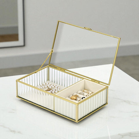 Verena 9.75" Glass Jewelry Holder – Decorative Storage – Gold Metal Frame with 2 Compartments – Modern Style – For Vanity, Shelf, or Dresser – By Cheungs