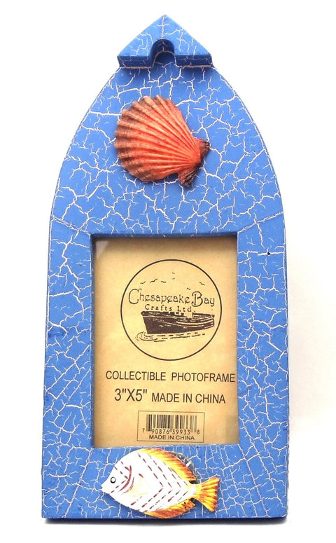Novelties & Gifts 12539933B-B Chesapeake Bay Crafts Ltd. Wooden Boat Shaped 3 x 5 in. Blue Picture Frame with Fish & Shell Embellishments