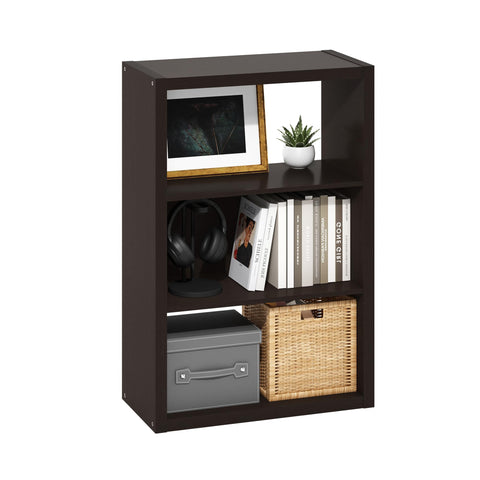 Furinno Viola Book Shelf, 3-Tier Bookshelf, Extra Thick Frame Bookcase with Open Shelf, Open Back Design, 11.3" x 23.2" x 35.9", for Living Room, Bedroom, Home Office, Black Dark Oak