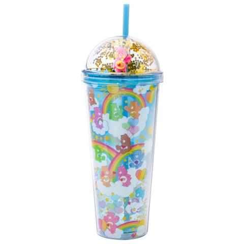 Silver Buffalo Care Bears Featuring Love-A-Lot, Friend, Good Luck, Tenderheart, Grumpy, Cheer, and Bedtime Bear Dome Glitter Top Travel Tumbler, 24 Ounces
