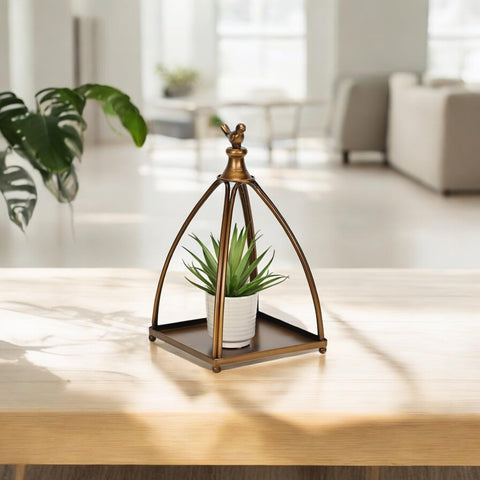 Veldra Curved Mini Table Lantern & Bird Accent - 8-Inch Bronze Square Metal Lantern, Modern Design, Bronze Finish, Perfect for Living Room or Tabletop - by Cheungs