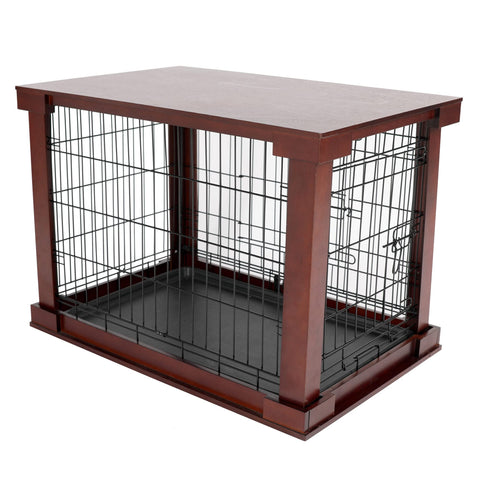 Merry Products Pet Large Slide Aside Dog Crate and End Table Furniture Indoor Use, Dog Kennel Wooden Material with Sliding Door, Decorative Wooden Pet Crate and End Table, for Medium Dogs, Mahogany