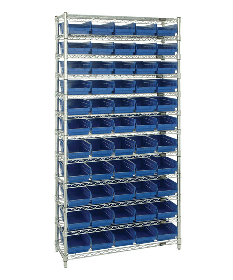 QUANTUM STORAGE SYSTEMS WR12-104BL Wire Heavy Duty 12 Shelves 74" H x 36" W x 18" D with 55 Blue Bins 18" L x 7" W x 4" H