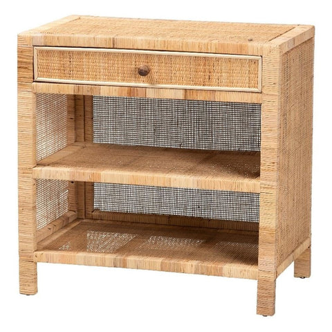 Baxton Studio Bella Brown Mahogany Wood and Rattan 1-Drawer Console Table