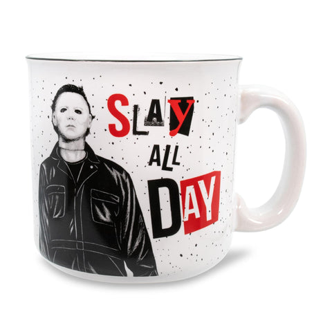 Halloween II "Slay All Day" Ceramic Camper Mug | BPA-Free Travel Coffee Cup For Espresso, Caffeine, Cocoa, Beverage | Home & Kitchen Essentials | Michael Myers Horror Movie Gifts | Holds 20 Ounces