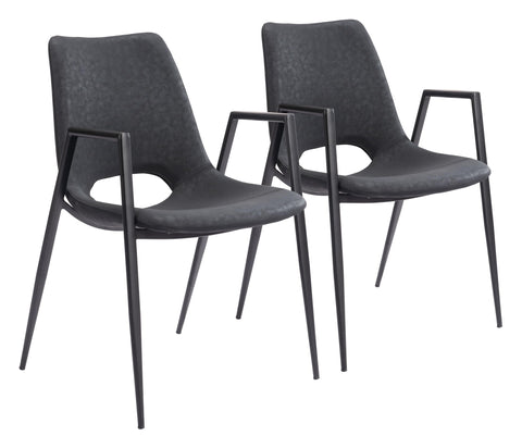 Zuo Desi Dining Chair (Set of 2) Black, Black Dining Chair, Plush and Durable Faux Leather Fabric, Plywood, Indoor Dining, 21.7" W x 23.2" D x 32.5" H