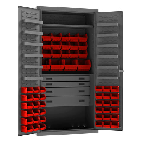 Heavy Duty Cabinet 14 Gauge 36 x 24 x 72 1 Fixed Shelf 1 Adjustable Shelf 58 Red Bins Flush Doors with Louvered Panel 4 Drawers 12 Door Shelves Lockable Chrome Handle with Keys Gray