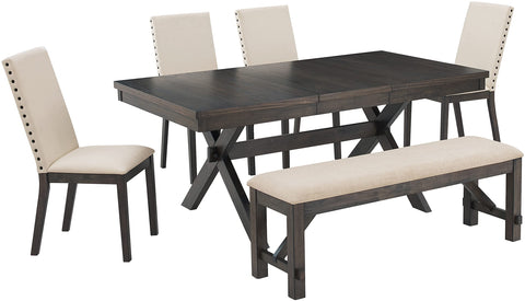 Hayden 6-Piece Dining Table Set For 7 Slate/Cream - Table, Bench, & 4 Upholstered Chairs