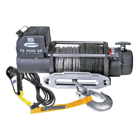 SUPERWINCH 1595201 Tiger Shark 12V Winch with Aluminum Hawse and Synthetic Rope - 9500 lb. Load Capacity, Black