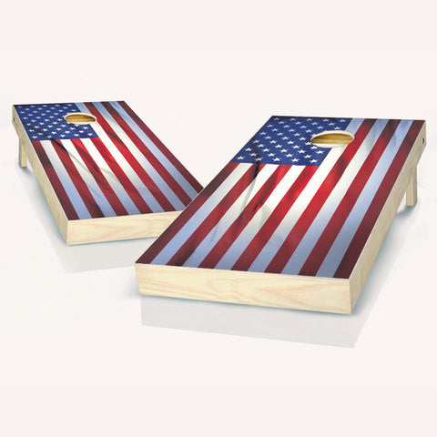 Skip's Garage Wrinkled American Flag Cornhole Set - 2x4 Boards (Corn Filled Bags) - Include Case + Edge Lights