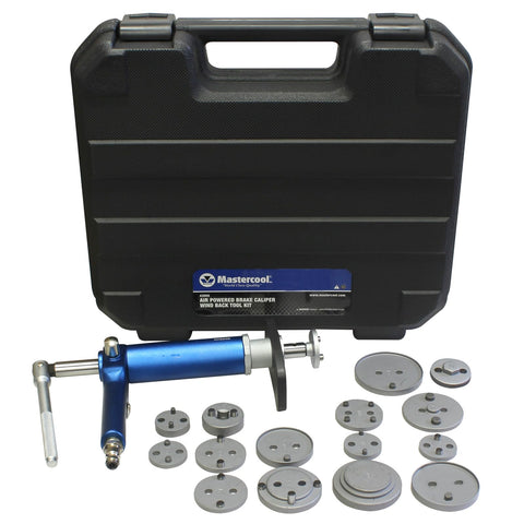 Mastercool 43050 Air-Powered Brake Caliper Wind-Back Tool Kit – 15-Piece Adapter Set, Left/Right Hand Operation, 3/8” Drive, Magnetic Base