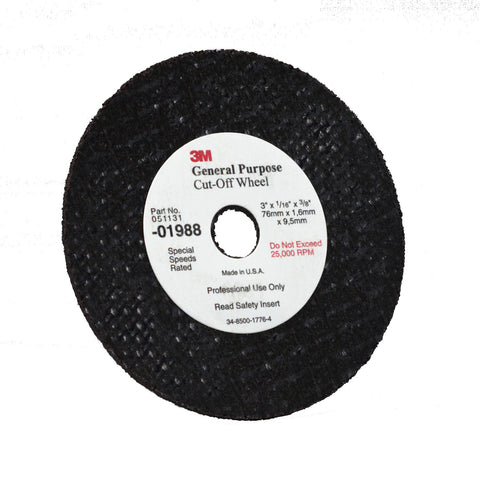 Green Corps 1988 0 Cut-Off Wheel, 3 in Dia x 1/16 in THK Wheel, 3/8 in Center Hole, Aluminum Oxide Abrasive Black