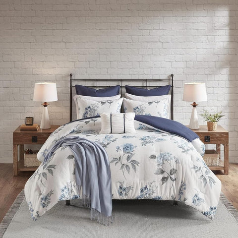 Oakestry 7Pc Zennia Farmhouse Comforter Set with Throw-Blanket Floral Print for All Season Matching Seersucker Textures, King/Cal King(104"X92"),Blue
