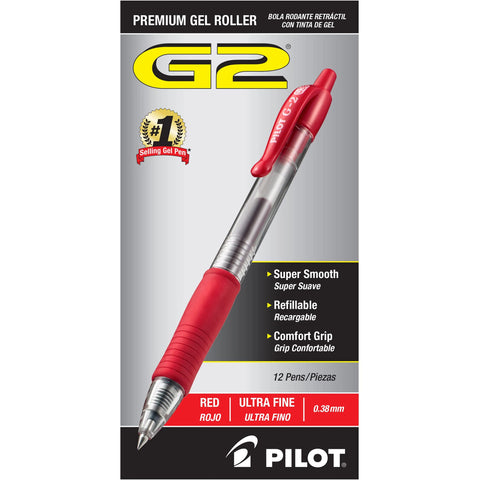 Pilot G2 Premium Gel Roller Pens, Ultra Fine Point 0.38 mm, Red Pens, Pack of 12 - Ideal for School, Journaling & Office Writing