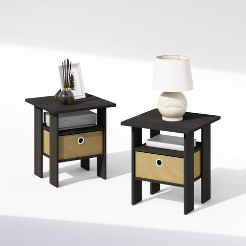 Furinno Tidur Bedside Table Nightstand with Bin Drawer Espresso/Brown Set of 2