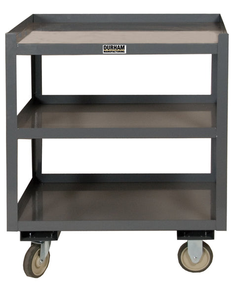 Portable Shop Desk With 5 Inch x 1-1/4 Inch Polyurethane Casters (2) Rigid And (2) Swivel With Side Brakes 3 Shelves 1-1/2 Inch Lips Up On Top Shelf 3 Sides And Bottom Shelves On All 4 Sides Gray