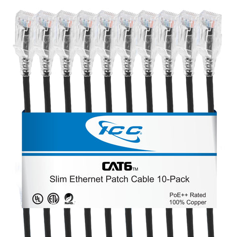 ICC CAT6 Slim Ethernet Patch Cord with Clear Boot Strain Relief, RJ45, Stranded, 550 MHz, UTP, Pure Bare Copper Wire, 28 AWG, LAN Network Patch Cable, Black, 1 FT, 10-Pack