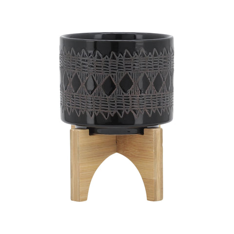 Sagebrook Home Ceramic 5" Aztec Planter On Wooden Stand, Black