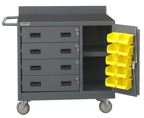 Mobile Bench Cabinet With 5 Inch X 1-1/4 Inch Polyurethane Casters (2) Rigid (2) Swivel 2 Fixed Shelves 10 Yellow Hook-On-Bins In Storage Area 1 Side Door 4 Drawers Lockable Tubular Push Handle Gray