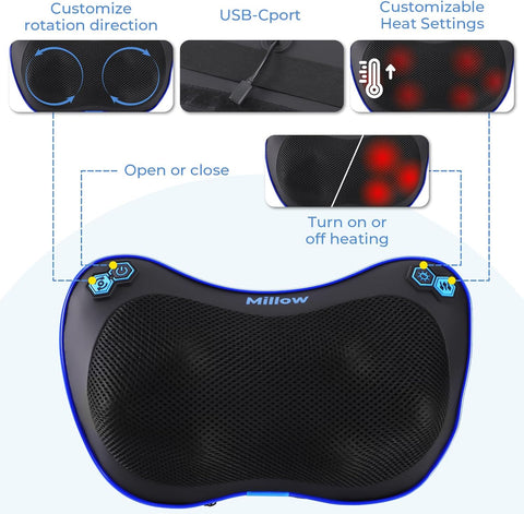 REATHLETE Millow Cordless Massage Pillow with Adjustable Heat – Shiatsu Back and Neck Support Pillow Deep Tissue Electric Massage– Ideal for Home, Car, Chair Office, and Travel Relaxation