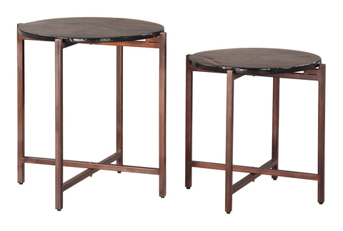 Gema Coffee Table Set (2-Piece) Bronze, Bronze Coffee Table, Modern Style, Recycled Sand Cast Glass Round Shape Tabletop, Iron, Indoor Living, (1) 21.8" W x 21.8" D x 24" H