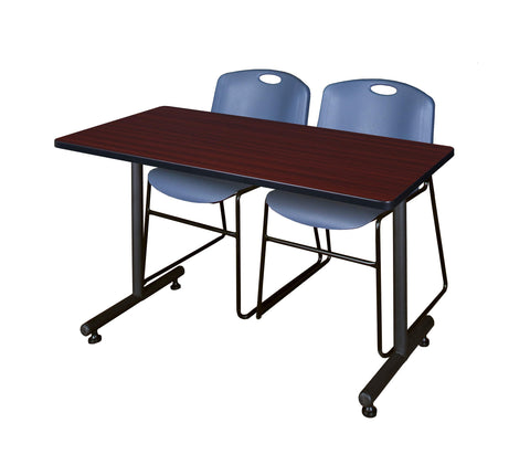 Regency Kobe 48 x 24 in. T-Base Training Seminar Table- Mahogany, 2 Zeng Stack Chairs- Blue