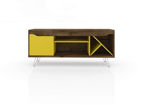 Manhattan Comfort Baxter 53.54" Mid Century TV Stand for Bedroom and Living Room Use, Entertainment Center with Storage, Shelves and Wine Racks, Ideal for 46 to 50 Inch Screens, Rustic Brown/Yellow