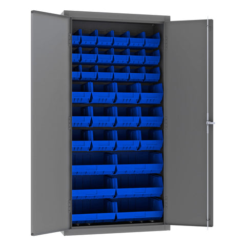 Durham 3602-BLP-36-5295 Lockable Cabinet with 36 Blue Hook-On Bins, Flush Door Style, 36" Wide, 14 Gauge, Gray
