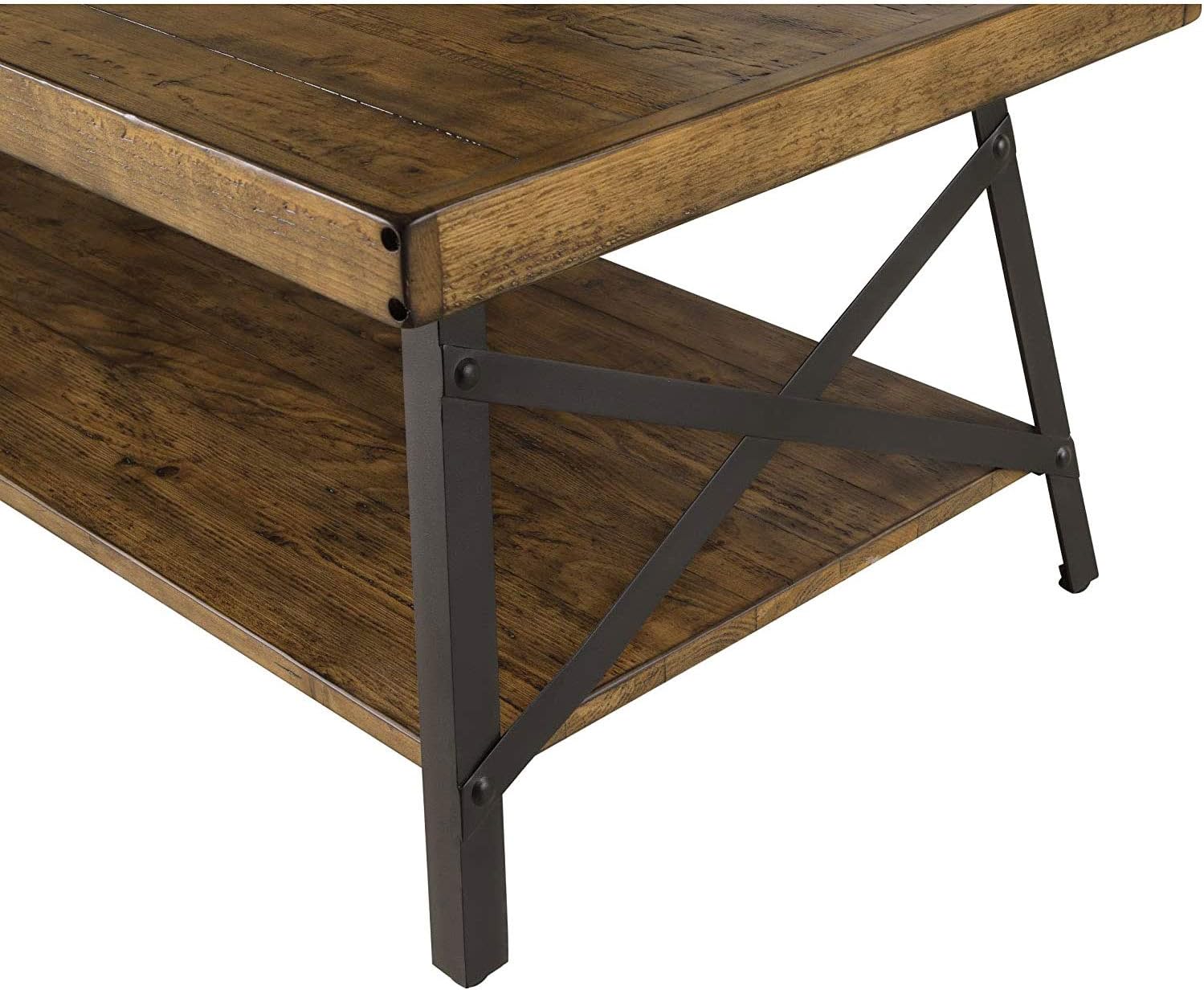 Chandler Rustic Industrial Solid Wood and Steel Coffee Table with Open Shelf, Pine Brown,48"