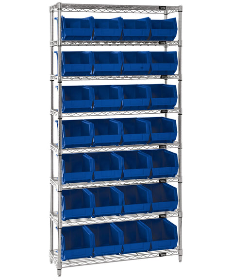 QUANTUM STORAGE SYSTEMS WR8-239BL Wire Heavy Duty 8 Shelves 74" H x 36" W x 12" D with 28 Blue Bins 11" L x 9" W x 7" H