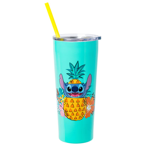 Silver Buffalo Disney Lilo and Stitch “Ohana Means Family” Double Walled Stainless Steel Tumbler with Straw, 22 Ounces